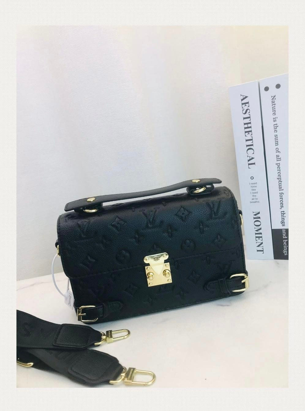 Classic Black Crossbody Bag with Gold Hardware & Buckle Detail