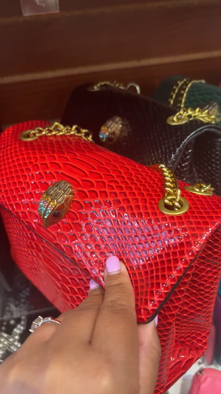 Designer-Inspired Snakeskin Handbag with Gold Chain Strap